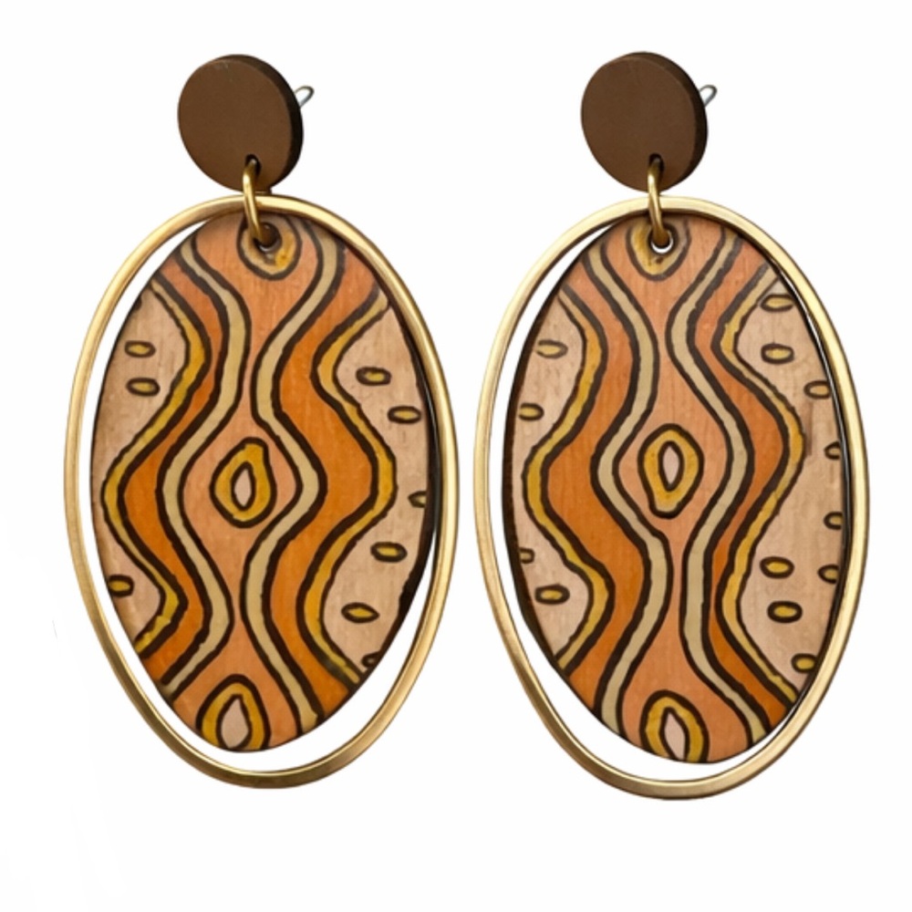 Wooden Oval Hoop Earrings with Abstract Design